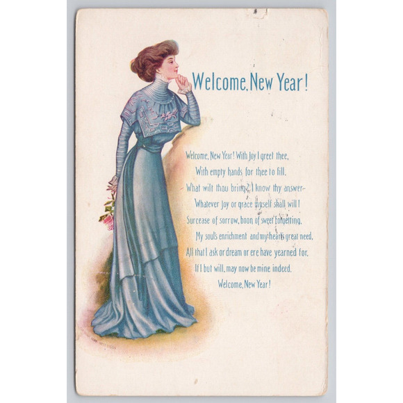 Postcard Welcome New Year c1909 Victorian Woman in Blue Gown Poem - Picture 1 of 2